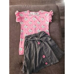 Girls Easter Bunny Print Top with Grey Button Front Bow Skirt Size 2XL